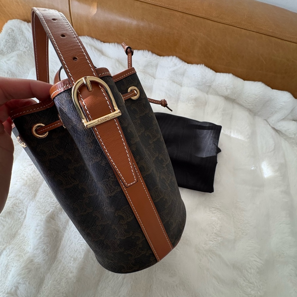 Celine Triomphe Canvas Calfskin Small Drawstring Bucket Bag - Picture 6 of 12